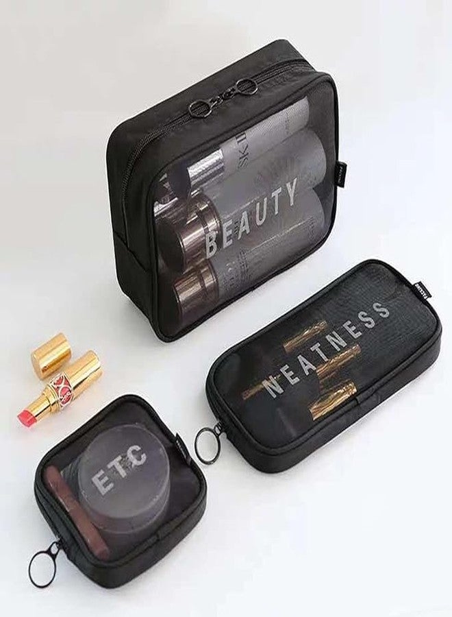 KERFORA KEROFRA Set of 3 Makeup Pouch Travel Toiletries Organizer | Portable Cosmetic Bags for Women | Mesh Makeup Pouch for Bathroom & Travel (mesh Makeup Black) - Image 3