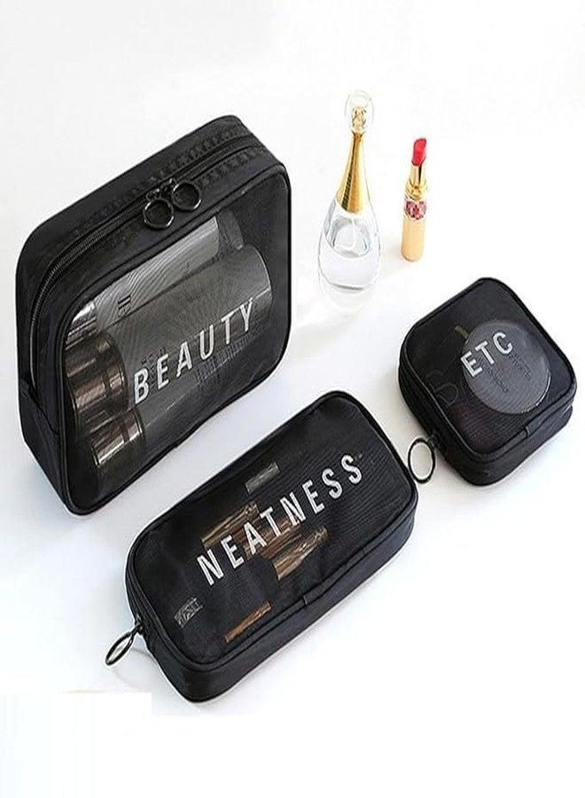 KERFORA KEROFRA Set of 3 Makeup Pouch Travel Toiletries Organizer | Portable Cosmetic Bags for Women | Mesh Makeup Pouch for Bathroom & Travel (mesh Makeup Black) - Image 2