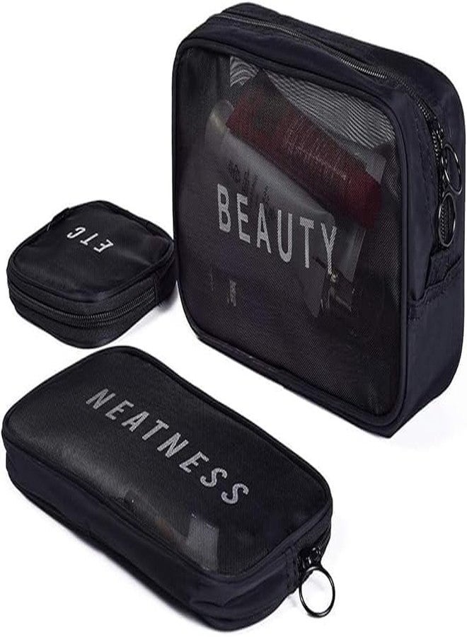 KERFORA KEROFRA Set of 3 Makeup Pouch Travel Toiletries Organizer | Portable Cosmetic Bags for Women | Mesh Makeup Pouch for Bathroom & Travel (mesh Makeup Black) - Image 1