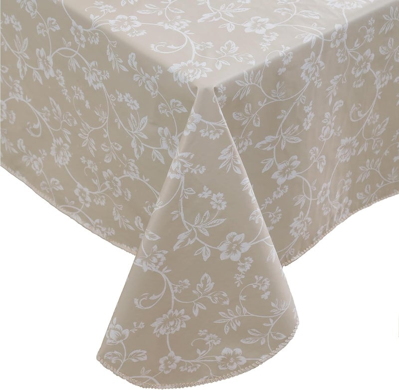 Walrus Heavy Duty Vinyl Tablecloth with Flannel Backing Waterproof Oil-Proof Plastic Table Cloth Stain-Resistant Wipeable Rectangle or Square Table Cover (Beige Floral, 60X84 Inch) - Image 1