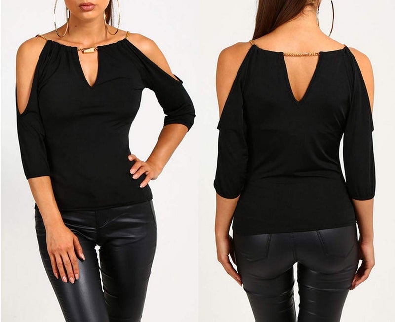 Lesimsam USGreatgorgeous Womenâ€™s Open Cold Shoulder Slim Fit Short Sleeve Tee Shirt Casual Blouse Tops (Black, XX-Large) - Image 2