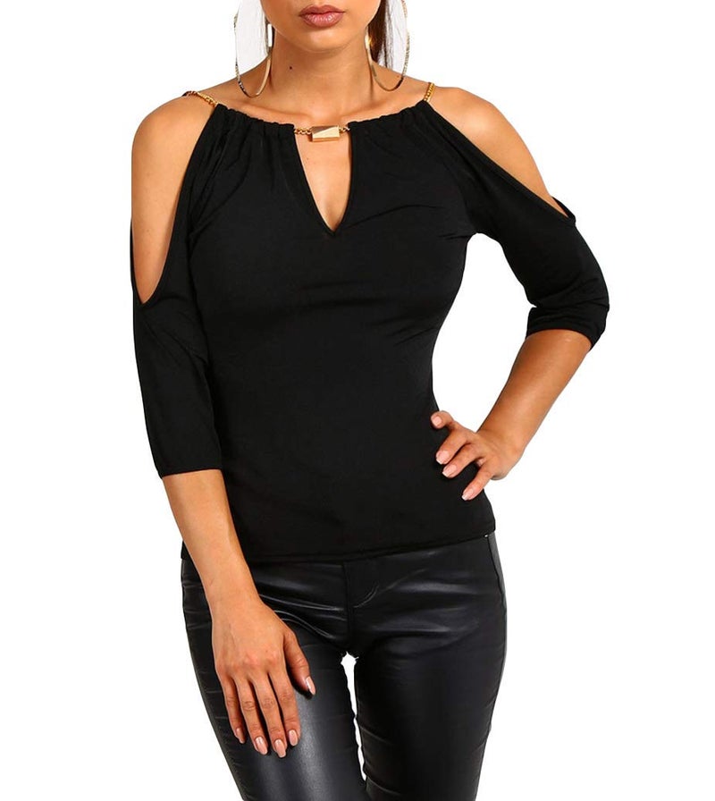 Lesimsam USGreatgorgeous Womenâ€™s Open Cold Shoulder Slim Fit Short Sleeve Tee Shirt Casual Blouse Tops (Black, XX-Large) - Image 1