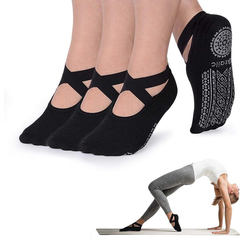 Ozaiic Pilates Socks for Women Non Slip Grip, Yoga Socks with Grippers for Barre, Hospital, Ballet, Dance, Barefoot Workout (3 Pairs-Black one_size) - Image 1