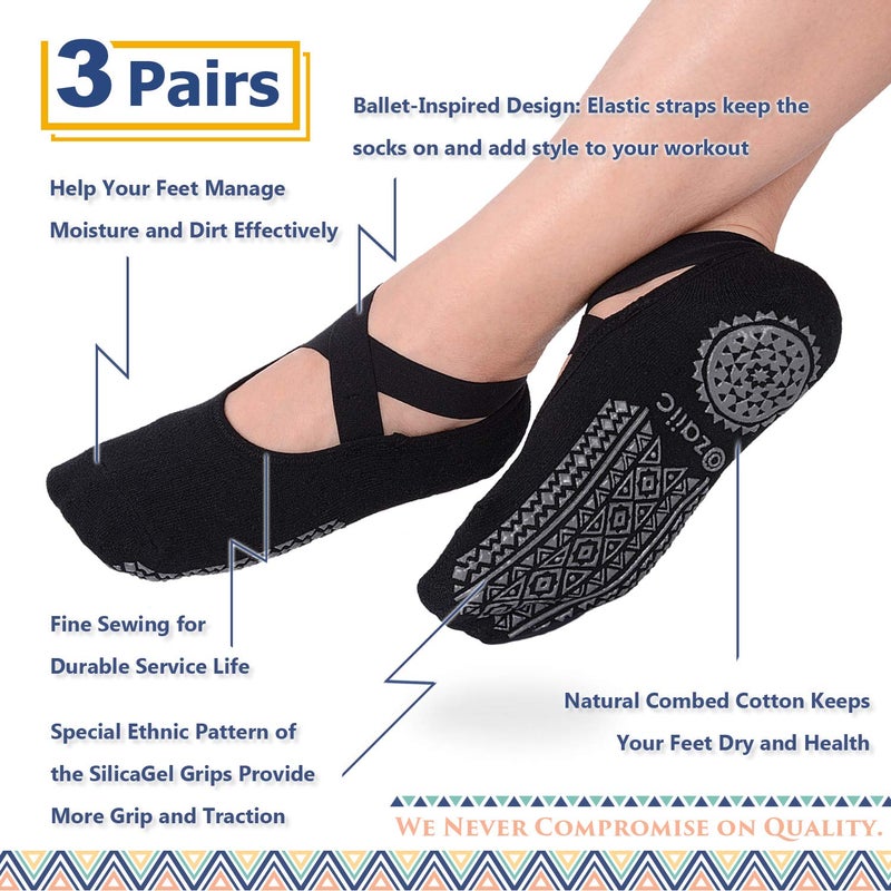 Ozaiic Pilates Socks for Women Non Slip Grip, Yoga Socks with Grippers for Barre, Hospital, Ballet, Dance, Barefoot Workout (3 Pairs-Black one_size) - Image 4