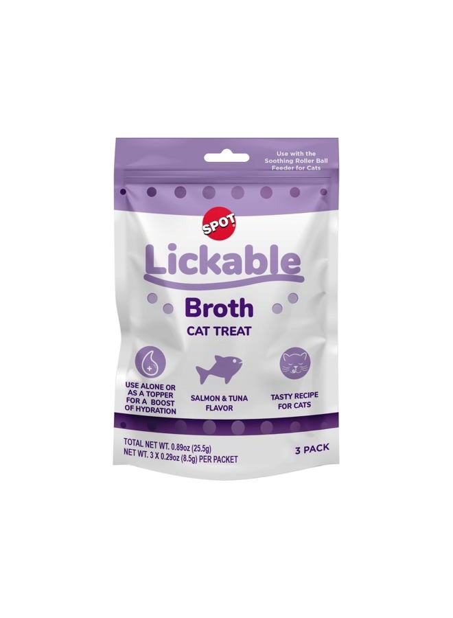 Lickable Broth Cat Treats – Salmon & Tuna Flavor, Vitamin-Enriched Cat Treat Topper, Adds Hydration & Flavor, Use with Soothing Roller Ball Feeder, 3 Pack