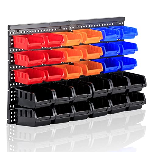 RIVTUN Wall Mounted Storage Bins Parts Rack 4 Colors Garage Plastic Shop Tool Organizer, ABS Plastic Garage Rack, Screw Storage 30 Bins - Image 1