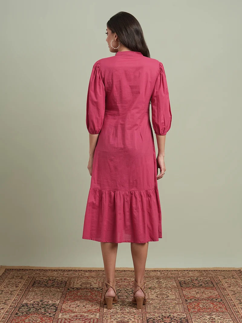 globus Women Pink Round Neck Puff Sleeves Floral Embroidered Tiered Flared Hem Midi A-Line Dress