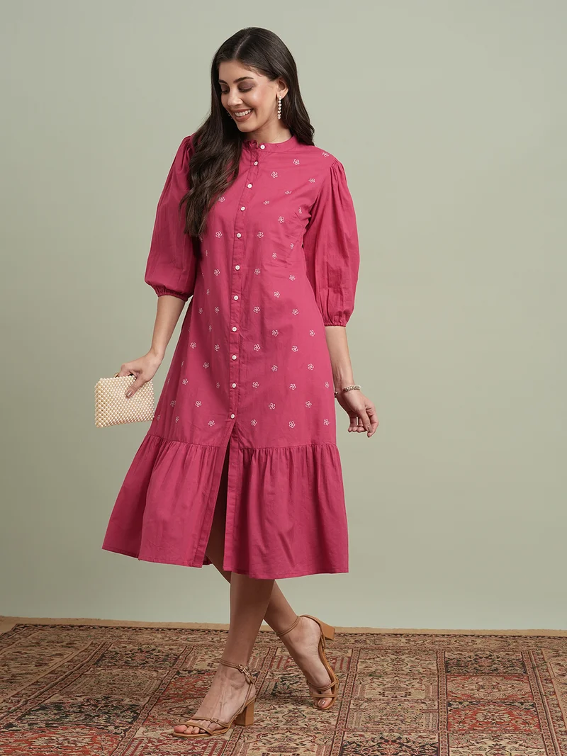 globus Women Pink Round Neck Puff Sleeves Floral Embroidered Tiered Flared Hem Midi A-Line Dress