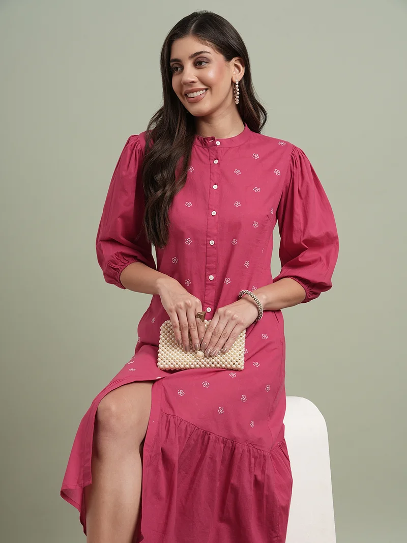globus Women Pink Round Neck Puff Sleeves Floral Embroidered Tiered Flared Hem Midi A-Line Dress
