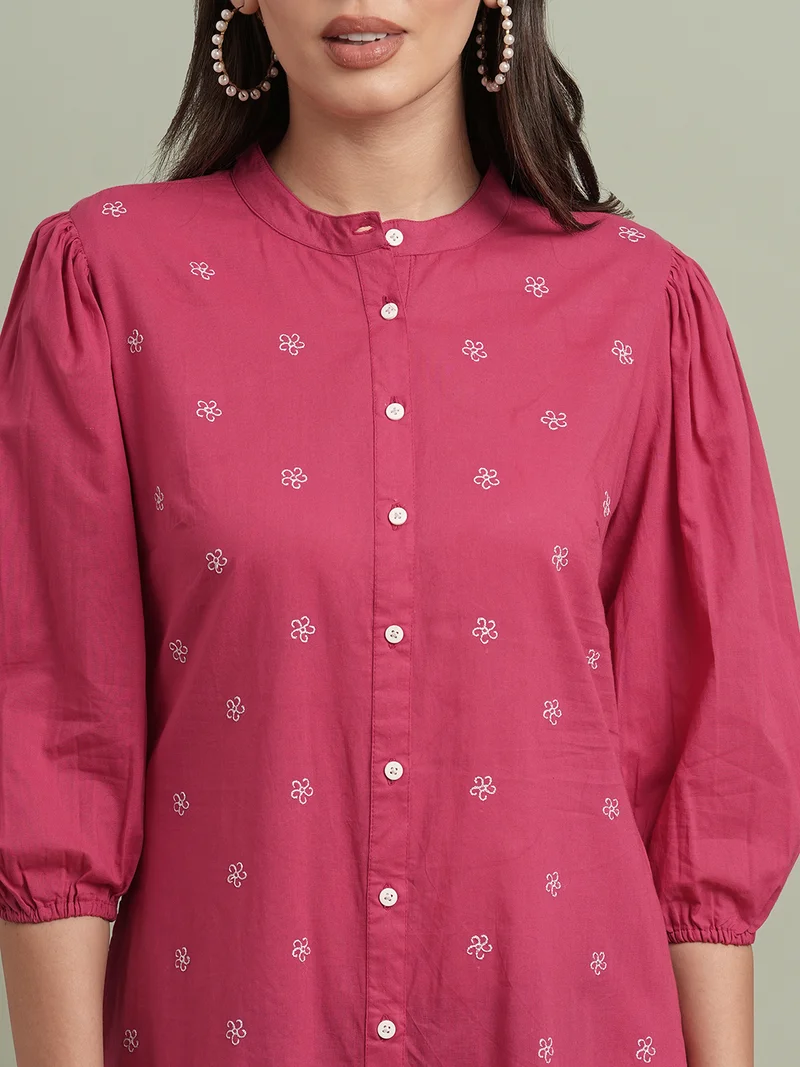 globus Women Pink Round Neck Puff Sleeves Floral Embroidered Tiered Flared Hem Midi A-Line Dress
