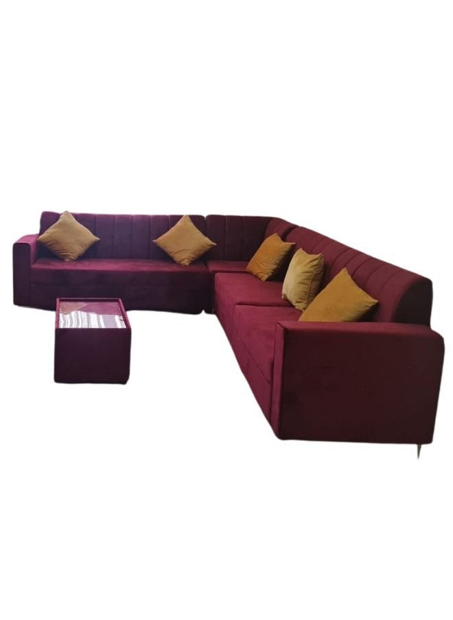 L-Shaped Velvet Sofa Set with Cushions & Table, 6 Seaters, Red 250x80x80