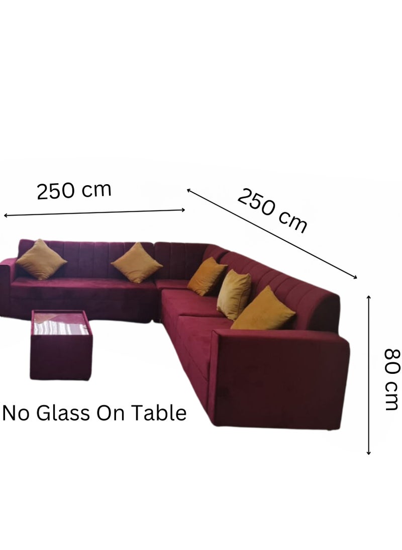 L-Shaped Velvet Sofa Set with Cushions & Table, 6 Seaters, Red 250x80x80