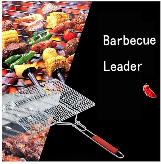 Suravin ® Large Capacity BBQ Grill Basket - Stainless Steel Grilling Basket for Chicken Wings, Fish, Vegetables & Seafood with Folding Handle - Image 1