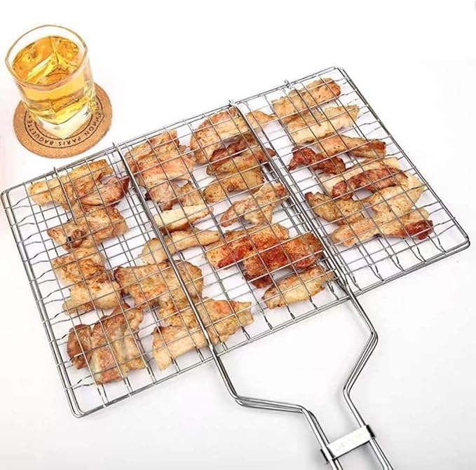 Suravin ® Large Capacity BBQ Grill Basket - Stainless Steel Grilling Basket for Chicken Wings, Fish, Vegetables & Seafood with Folding Handle - Image 2