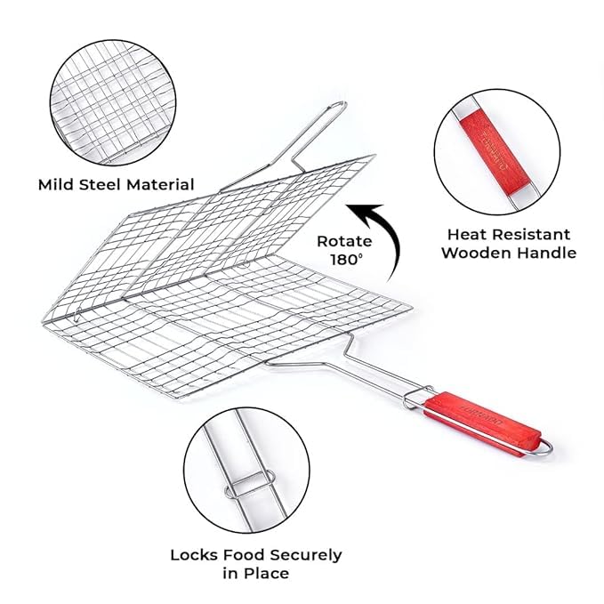 Suravin ® Large Capacity BBQ Grill Basket - Stainless Steel Grilling Basket for Chicken Wings, Fish, Vegetables & Seafood with Folding Handle - Image 5