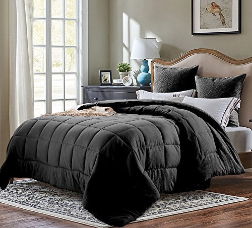 EVOLIVE All Season Pre Washed Soft Microfiber White Goose Down Alternative Comforter with Box Stitching (Black, Full/Queen) - Image 1