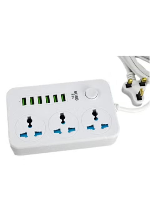 Wire Extension Power Strip with 3 AC Sockets & 6 USB Charging Ports – Universal Multi-Device USB Charger and Power Socket Extension Cord for Home, Office & Travel, Overload Protection, Durable and Compact Design