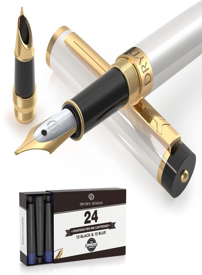 Dryden Designs Fountain Pen - Medium and Fine Nibs | Includes 24 Ink Cartridges and Ink Refill Converter | Calligraphy Pen, Consistent Writing, Smooth Flow - Pearl White. - Image 1