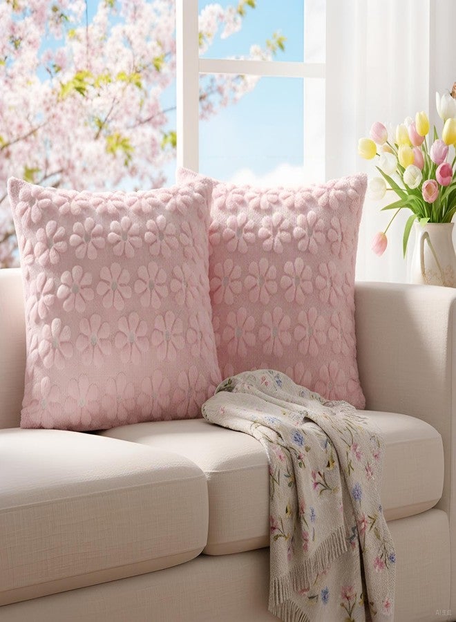 Softalker Spring Summer Throw Pillow Covers 18 x 18 Inch Set of 2, Farmhouse Decorative Floral Daisy Soft Faux Fur Cushion Covers, 3D Pillow Cases for Couch Bedroom Living Sofa Room Home Decor, Pink - Image 2