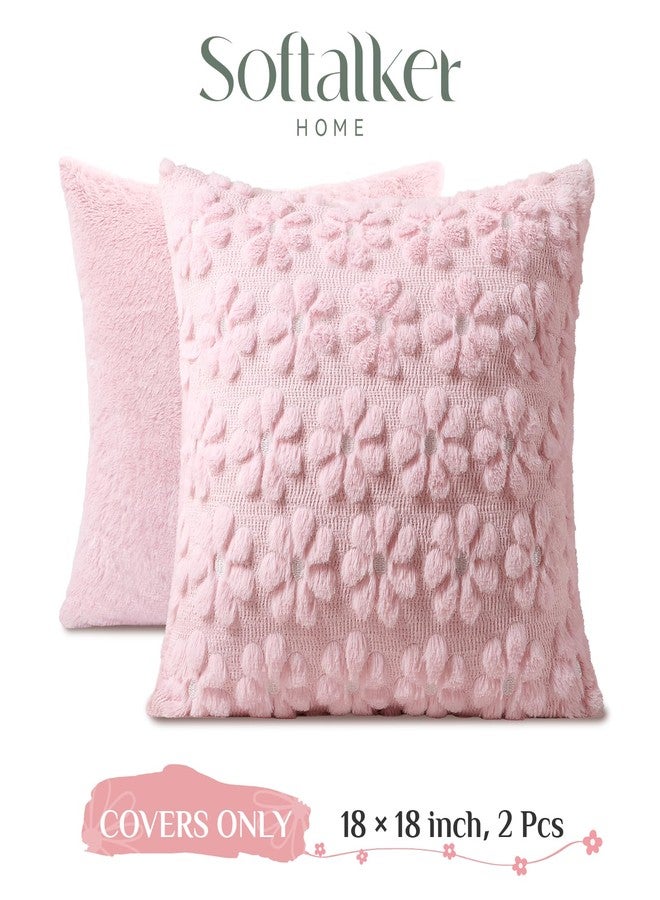 Softalker Spring Summer Throw Pillow Covers 18 x 18 Inch Set of 2, Farmhouse Decorative Floral Daisy Soft Faux Fur Cushion Covers, 3D Pillow Cases for Couch Bedroom Living Sofa Room Home Decor, Pink - Image 4