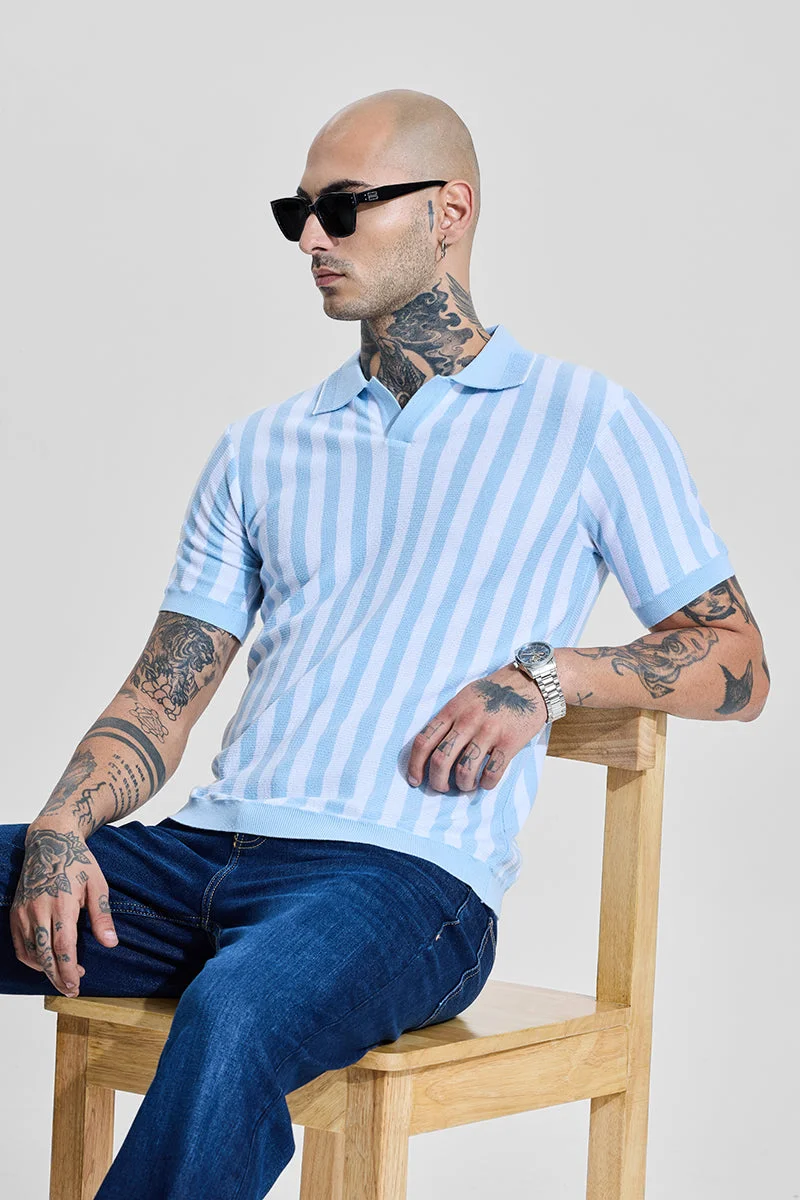 SNITCH Light Blue Stripes Polo Slim Fit T-Shirt