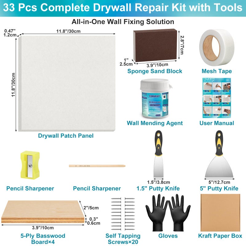Comkrivy Drywall Repair Kit with 12"x12" Dry Wall Repair Panel, 33-in-One Drywall Patch Kit Wall Patch Repair Kit with Spackle, Mesh Tape, Putty Knives & Sanding Block for Wall Surface Ceiling Large Hole Fill - Image 2