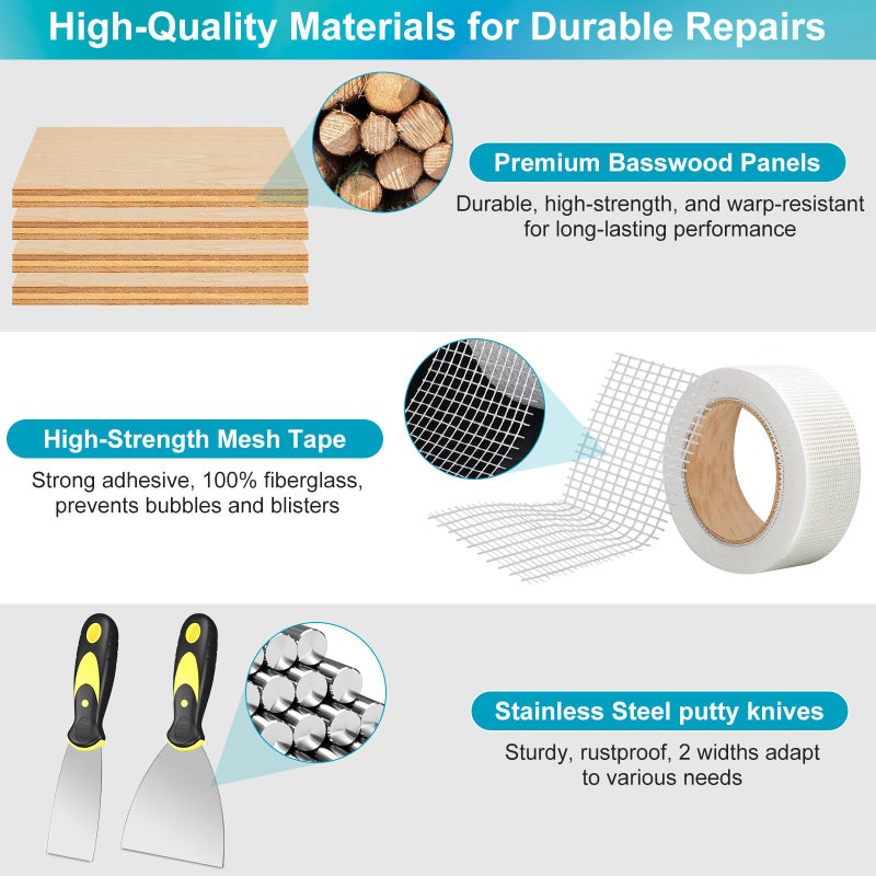 Comkrivy Drywall Repair Kit with 12"x12" Dry Wall Repair Panel, 33-in-One Drywall Patch Kit Wall Patch Repair Kit with Spackle, Mesh Tape, Putty Knives & Sanding Block for Wall Surface Ceiling Large Hole Fill - Image 3