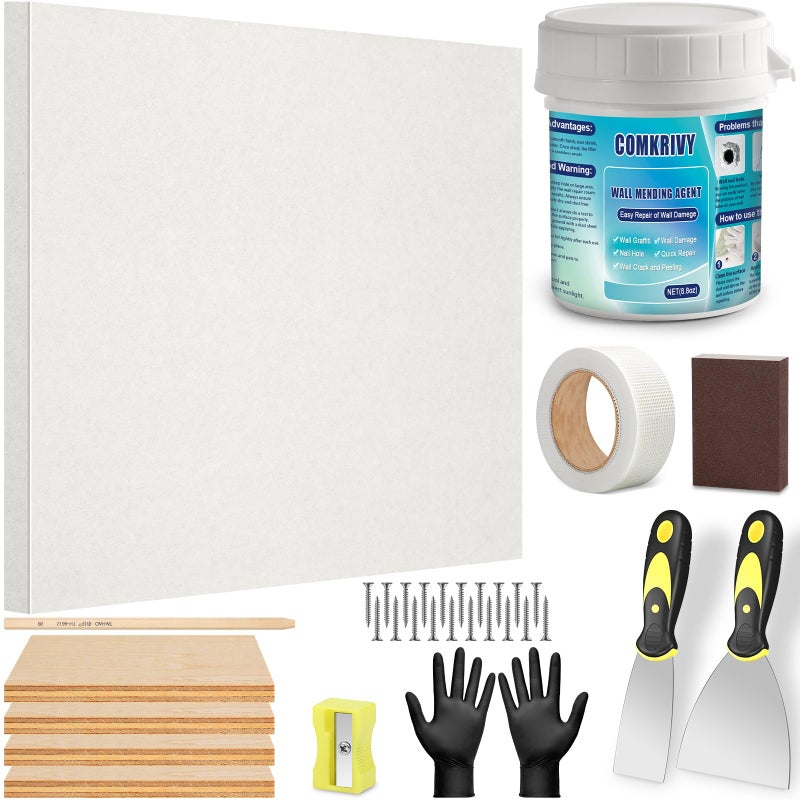 Comkrivy Drywall Repair Kit with 12"x12" Dry Wall Repair Panel, 33-in-One Drywall Patch Kit Wall Patch Repair Kit with Spackle, Mesh Tape, Putty Knives & Sanding Block for Wall Surface Ceiling Large Hole Fill - Image 1