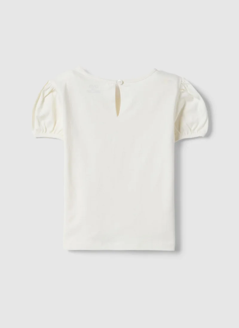 او في اس OVS Girls' White Pure Cotton T-Shirt Regular Fit With Embroidery