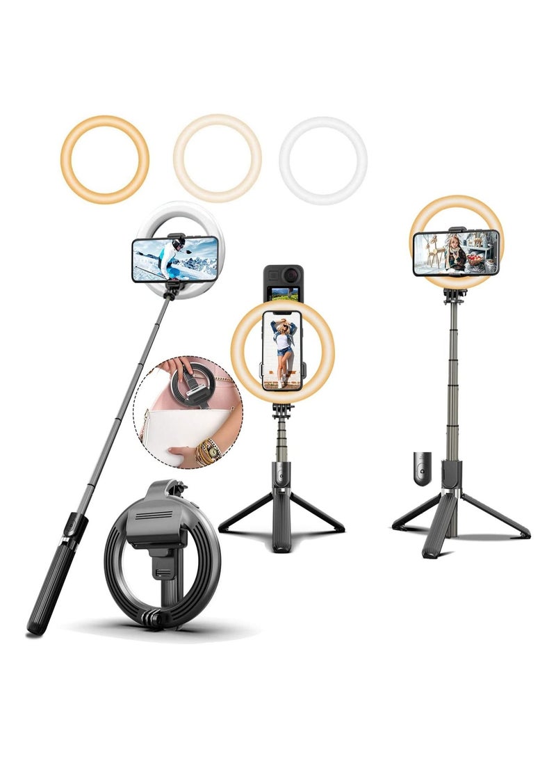 Selfie Stick with 6" Ring Light,Tripod and Phone Holder,3 in 1 Portable LED Fill Light Selfie Stick Tripod Bluetooth Remote Control  - Image 1