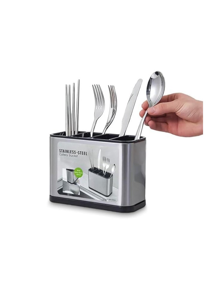 Generic Kitchen Spoon and Fork Organizer and Strainer Stainless Steel - Kitchen Utensil Holder and Countertop Organizer Stainless Steel 4 Sections for Spoon, Fork and Spatula - Large Capacity Stainless Steel with Divider and Weighted Base to Prevent Tipping, Suitable for All Kitchens on Table or Counter - Kitchen Spoon and Fork Organizer - Kitchen Utensil Organizer, Suitable for Spoons, Forks, Knives - Cutlery Strainer, Cutlery and Kitchen Utensil Holder  - Image 1