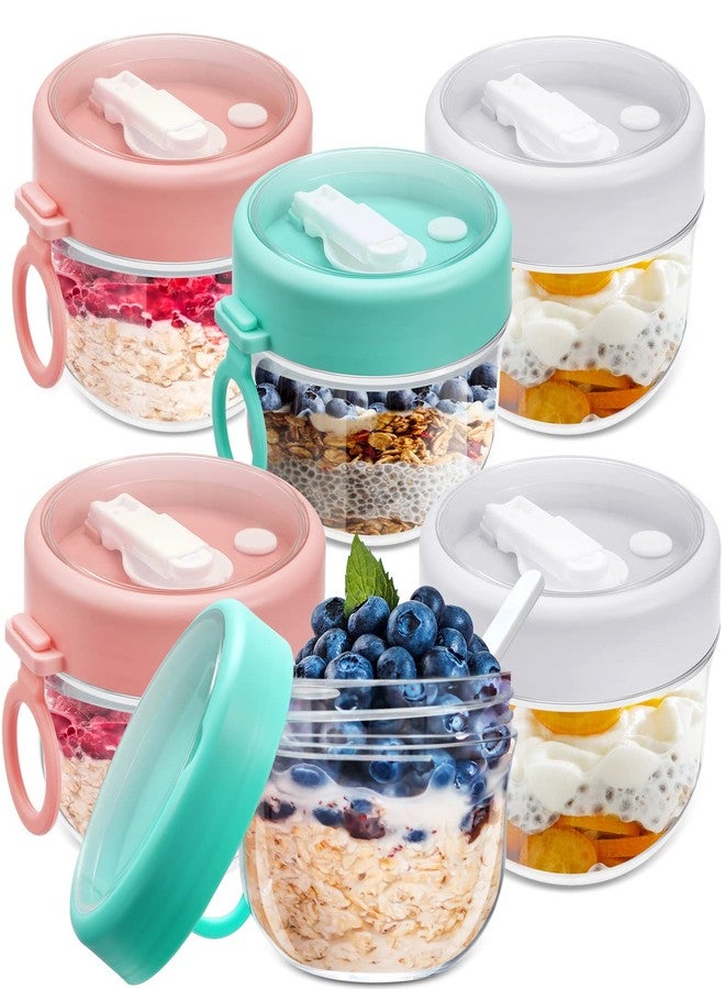 Rtteri 6 Pcs 20 oz Large Overnight Oats Containers with Lids and Spoons Plastic Yogurt Jars Leakproof Overnight Oats Jars with Lids Smoothie Containers Cups for Food Storage, 3 Colors - Image 1