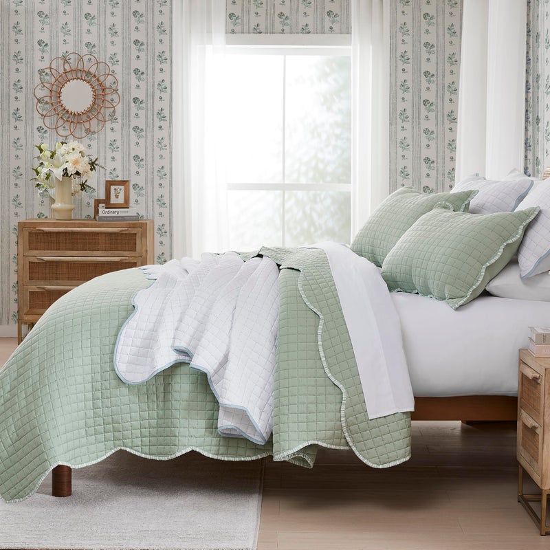 WDCOZY Sage Green Oversized California King Size Quilt Bedding Set, Cal King Scalloped Farmhouse Country Rustic Lightweight Soft Coverlet for All Season, Cute Cozy Kantha Pick Stitch Bedspread - Image 2