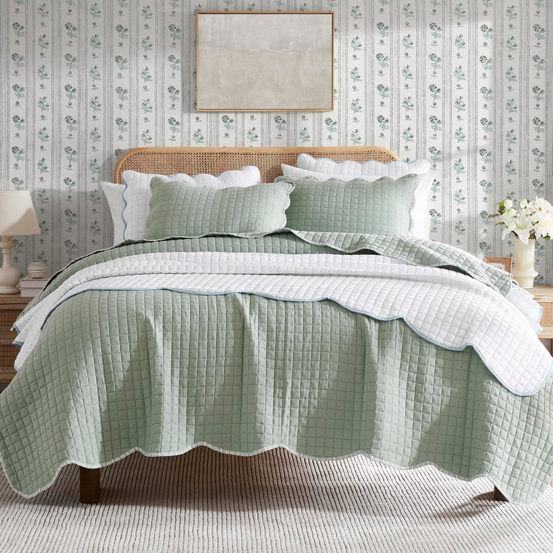 WDCOZY Sage Green Oversized California King Size Quilt Bedding Set, Cal King Scalloped Farmhouse Country Rustic Lightweight Soft Coverlet for All Season, Cute Cozy Kantha Pick Stitch Bedspread - Image 1