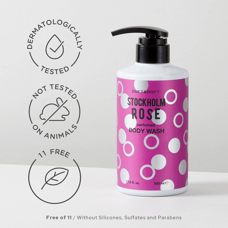 DUFT & DOFT غسول الجسم المعطر من دفت & دفت ستوكهولم برائحة الورد 500 مل (16.9 أونصة سائلة) - رائحة بتلات الورد الرومانسية والمسك، استحمام ممتع مع رغوة مرطبة معطرة لطيفة، مكونات طبيعية، خالي من البارابين - Image 4