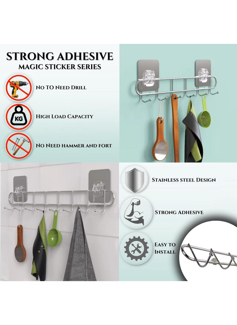 YUMUN YUMUN Stainless Steel SelfAdhesive WallMounted Rack Towel Rail Utensil Holder Cup Hooks SpaceSaving for Kitchen Bathroom No Drilling Silver Finish 6 Pack 6 Hooks  - Image 3