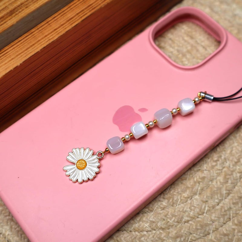 Threads & Beads Phone charm, Hand Made with Beads and Colorfull Daisy Charm - Image 2