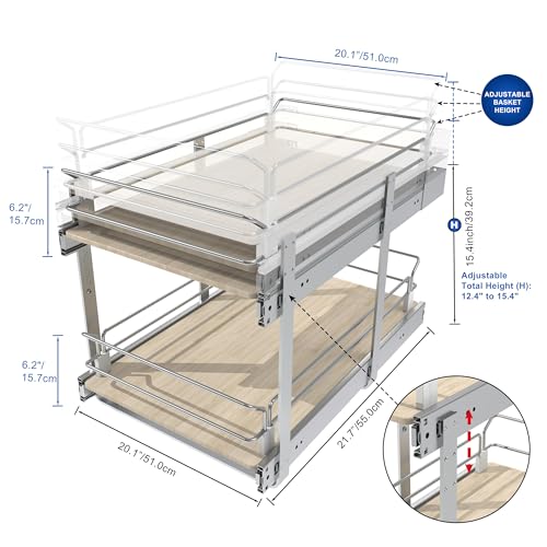 STORKING 2 Tier Pull Out Cabinet Organizer 20" W X 22" D, Slide Out Drawers For Kitchen Cabinets, Pull Out Drawers For Cabinets Capacity Heavy Duty Caddy, Cabinet Pullout Shelves Wood Chrome, Pantry Storage - Image 2