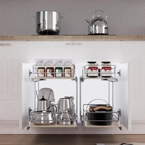 STORKING 2 Tier Pull Out Cabinet Organizer 20" W X 22" D, Slide Out Drawers For Kitchen Cabinets, Pull Out Drawers For Cabinets Capacity Heavy Duty Caddy, Cabinet Pullout Shelves Wood Chrome, Pantry Storage - Image 4