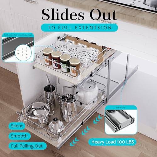 STORKING 2 Tier Pull Out Cabinet Organizer 20" W X 22" D, Slide Out Drawers For Kitchen Cabinets, Pull Out Drawers For Cabinets Capacity Heavy Duty Caddy, Cabinet Pullout Shelves Wood Chrome, Pantry Storage - Image 3