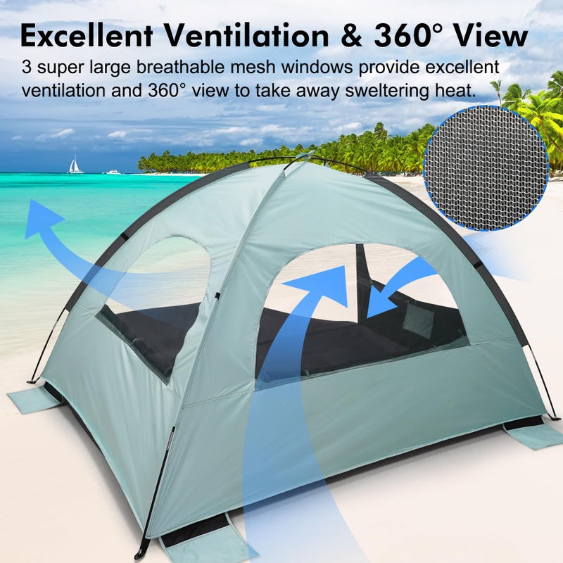 WhiteFang Beach Tent Anti-UV Portable Sun Shade Shelter for 3 Person with Blackout Shelter, Extendable Floor with 3 Ventilating Mesh Windows Plus Carrying Bag, Stakes and Guy Lines (Mint Green) - Image 5