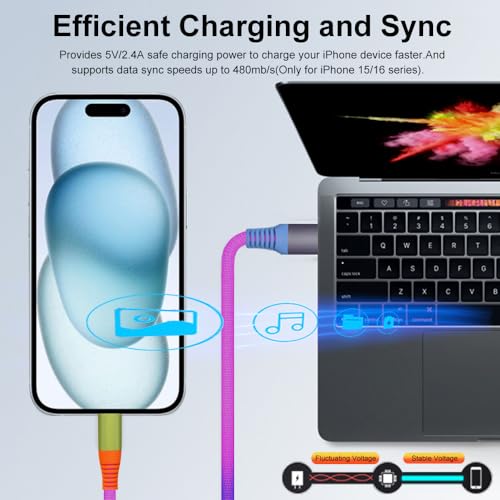 KINDRM Carplay Cable for iPhone 15 16 Pro Max Plus, 6.6ft Colorful Gradual Braided USB A to Type C Fast Charging Cord USB C Charger for iPhone 16 15 Pro Max, iPad Pro, iPod Air, Samsung S24 S23 S22, LG More - Image 5