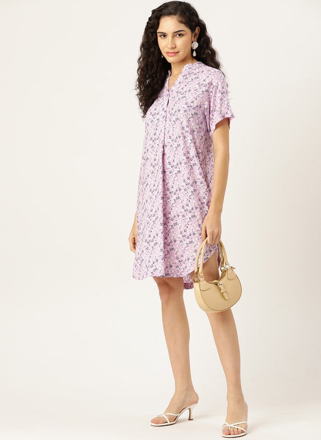 Rue Collection فستان قميص بطبعة زهور مع ياقة ماندارين للنساء - Image 5