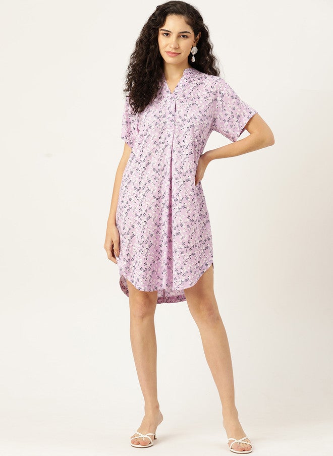 Rue Collection فستان قميص بطبعة زهور مع ياقة ماندارين للنساء - Image 1