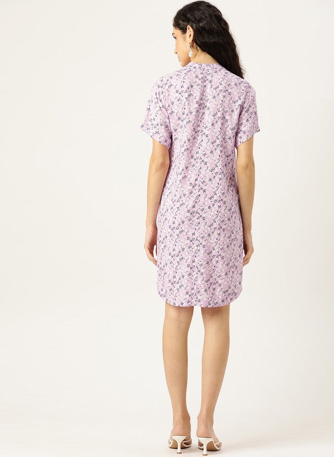Rue Collection فستان قميص بطبعة زهور مع ياقة ماندارين للنساء - Image 4