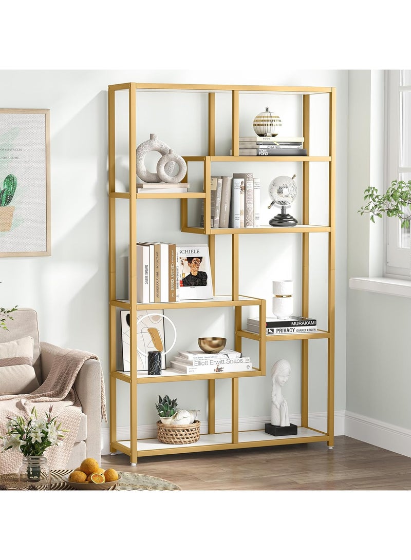 LINGWEI Industrial Pre Assembled Bookshelf with Metal Frame and Ceramic Tile Shelves Modern Standing Bookcase for Home Office Living Room Bedroom and Bathroom - Image 1