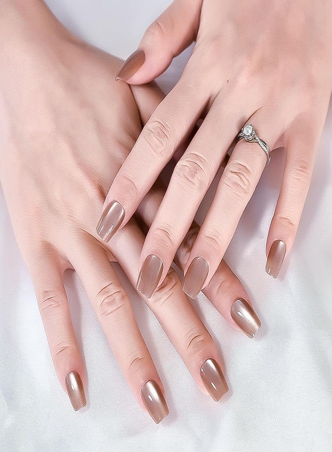 Dorlink iMABC 30pcs Glossy Ombre Brown Press On Nails Cat Eye Salon Manicure Medium Coffin Squoval Nail Art Tips Fake Nails Reusable Acrylic False Nails Stick On Nails for Women Girls - Image 5