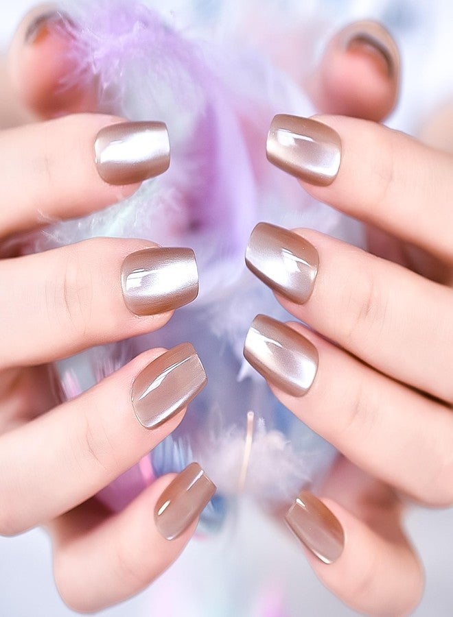 Dorlink iMABC 30pcs Glossy Ombre Brown Press On Nails Cat Eye Salon Manicure Medium Coffin Squoval Nail Art Tips Fake Nails Reusable Acrylic False Nails Stick On Nails for Women Girls - Image 3