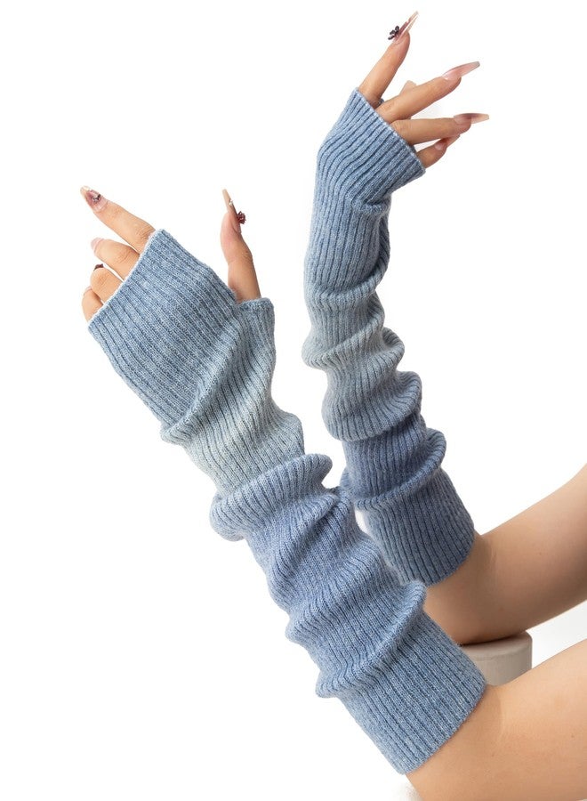 F Flammi Cashmere Blended Arm Warmer for Women Winter Fingerless Gloves Knit Mitten Gloves Wrist Warmer with Thumb Hole, Tie Dye-light Blue,42cm, M - Image 1