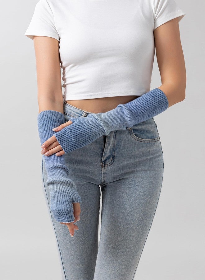 F Flammi Cashmere Blended Arm Warmer for Women Winter Fingerless Gloves Knit Mitten Gloves Wrist Warmer with Thumb Hole, Tie Dye-light Blue,42cm, M - Image 5